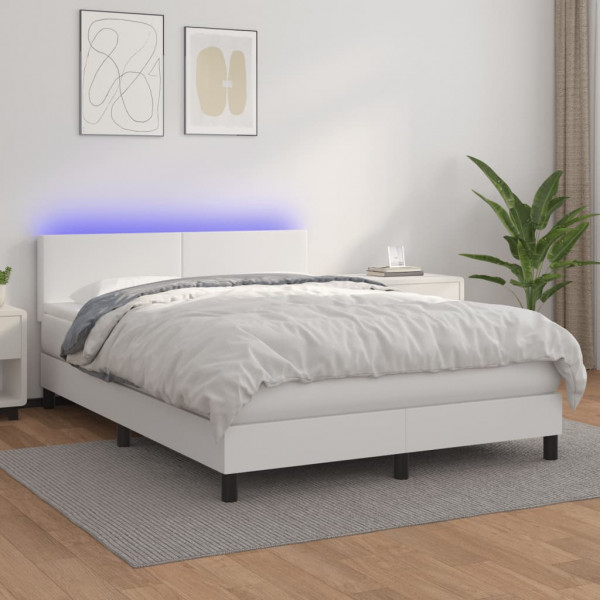Cama box spring colchón y LED cuero sintético blanco 140x200 cm D