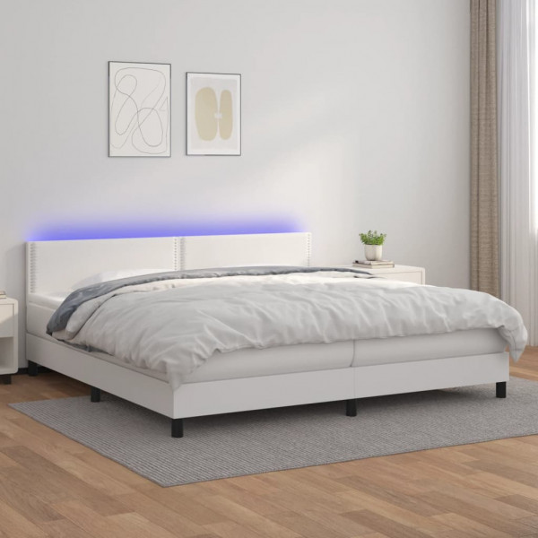 Cama box spring colchão e LED couro sintético branco 200x200 cm D