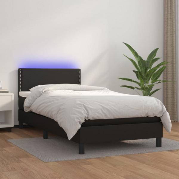 Cama box spring colchão e LED couro sintético preto 100x200 cm D