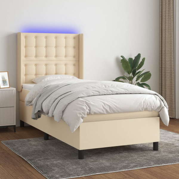 Colchão de cama box spring e luzes LED tecido creme 90x200 cm D