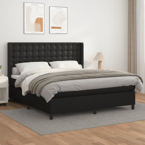 Cama box spring con colchón cuero sintético negro 160x200 cm D