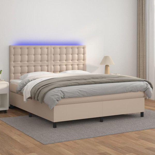 Cama box spring colchón LED cuero sintético capuchino 160x200cm D