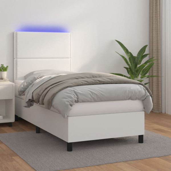 Cama box spring y colchón LED cuero sintético blanco 90x200 cm D