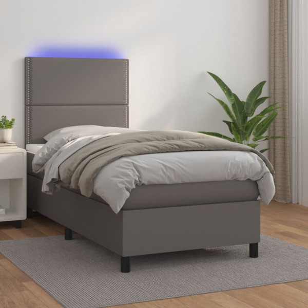 Cama box spring y colchón LED cuero sintético gris 90x190 cm D