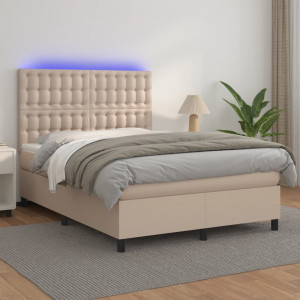 Cama box spring colchón LED cuero sintético capuchino 140x200cm D