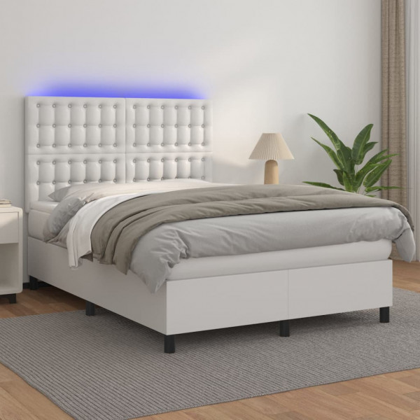 Cama box spring com colchão e couro sintético LED branco 140x190 cm D