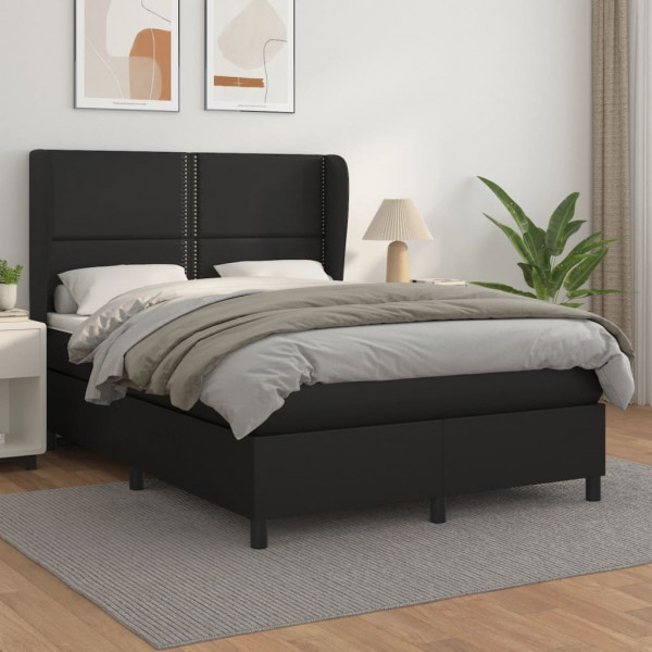 Cama box spring con colchón cuero sintético negro 140x190 cm D