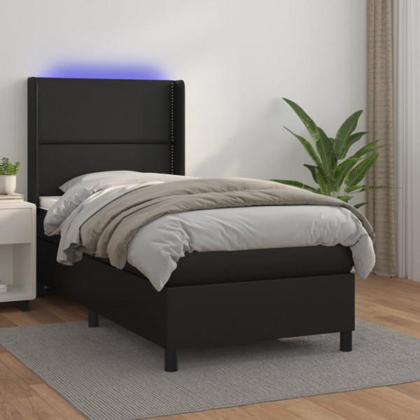 Cama box spring e colchão LED couro sintético preto 90x190 cm D
