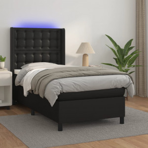 Cama box spring y colchón LED cuero sintético negro 80x200 cm D