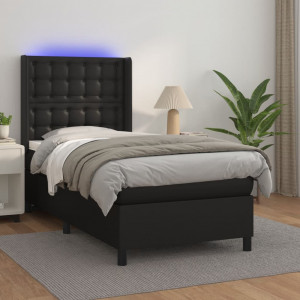 Cama box spring y colchón LED cuero sintético negro 90x190 cm D