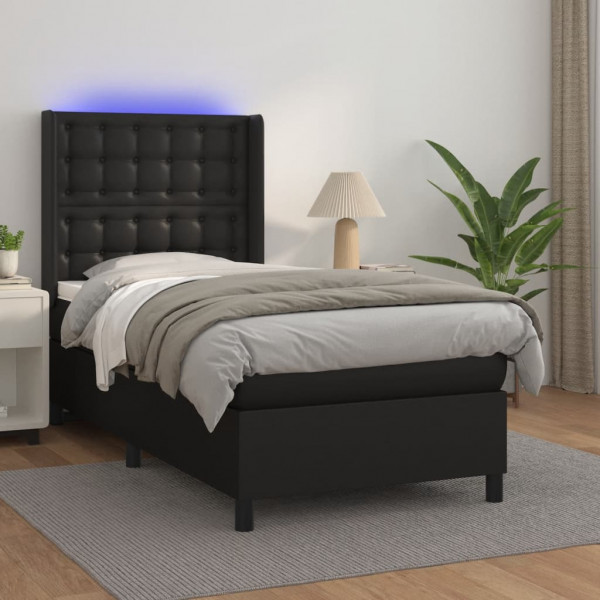 Cama box spring e colchão LED couro sintético preto 90x190 cm D