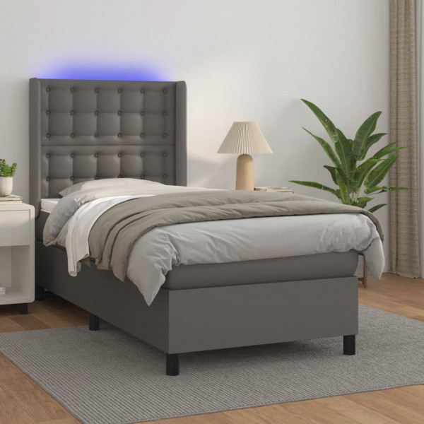 Cama box spring e colchão LED couro sintético cinza 90x200 cm D
