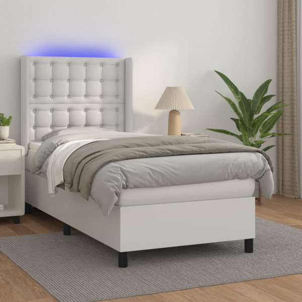 Cama box spring com colchão e couro sintético LED branco 100x200 cm D