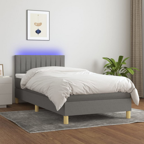 Cama box spring com colchão e LED tecido cinza escuro 100x200 cm D