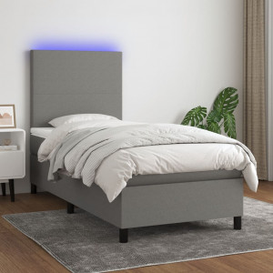 Cama box spring colchón y luces LED tela gris oscuro 90x190 cm D