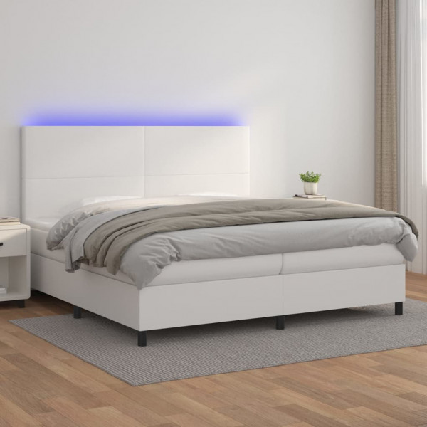 Cama box spring colchón y LED cuero sintético blanco 200x200 cm D
