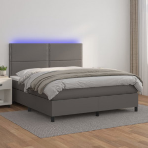 Cama box spring colchón y LED cuero sintético gris 140x200 cm D