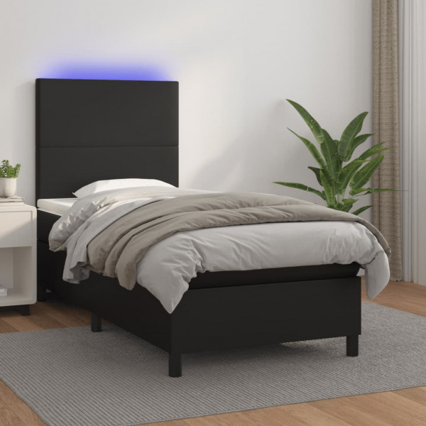 Cama box spring e colchão LED couro sintético preto 90x200 cm D