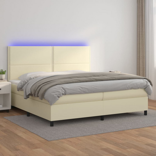 Cama box spring colchón y LED cuero sintético crema 200x200 cm D