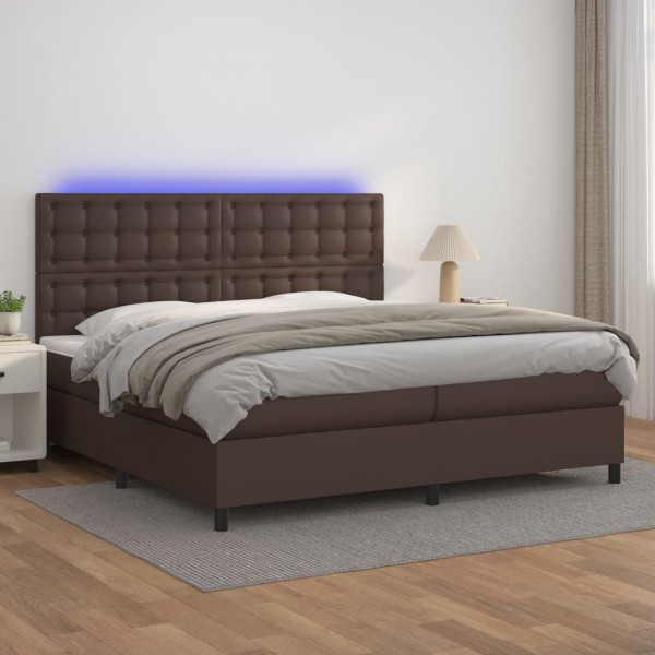 Cama box spring colchón y LED cuero sintético marrón 200x200 cm Cama box spring colchón y LED cuero sintético marrón 200x200 cm D
