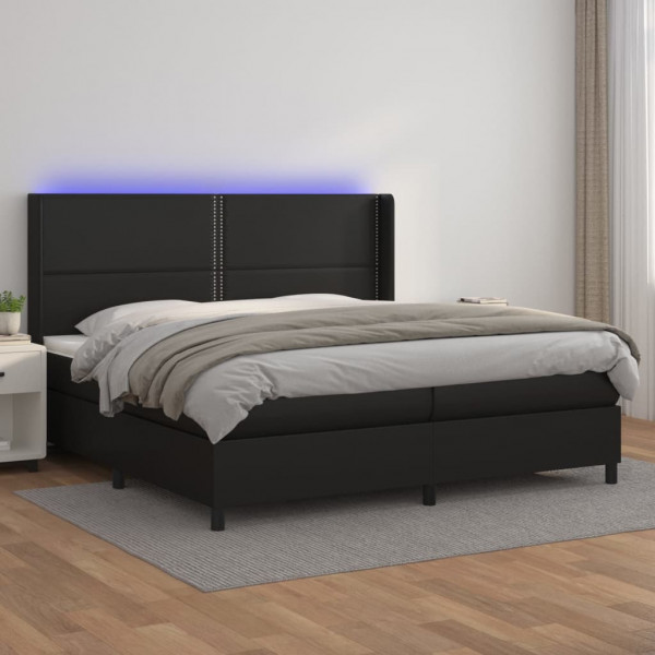 Cama box spring colchão e LED couro sintético preto 200x200 cm D