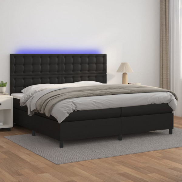 Cama box spring colchão e LED couro sintético preto 200x200 cm D