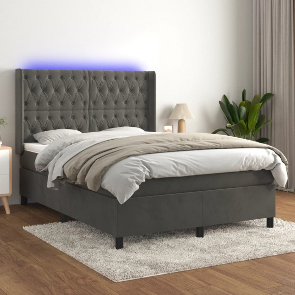 Cama box spring com colchão e veludo LED cinza escuro 140x190 cm D