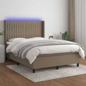 Cama box spring colchón y luces LED tela gris taupe 140x200 cm D