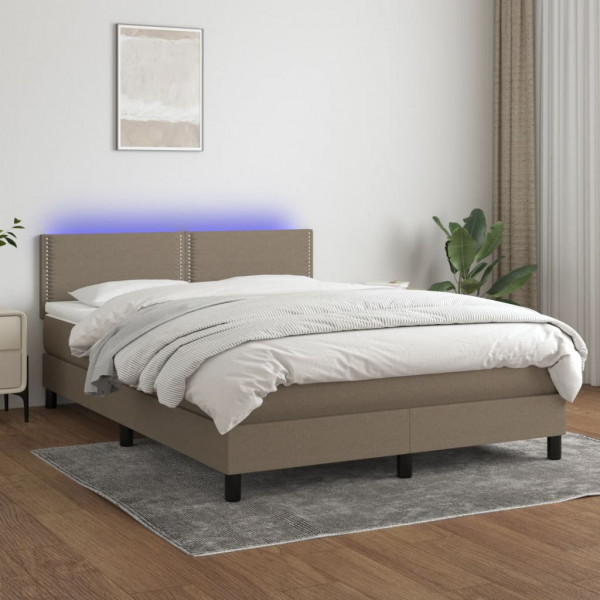 Cama box spring colchão e luzes LED tecido cinza taupe 140x200 cm D