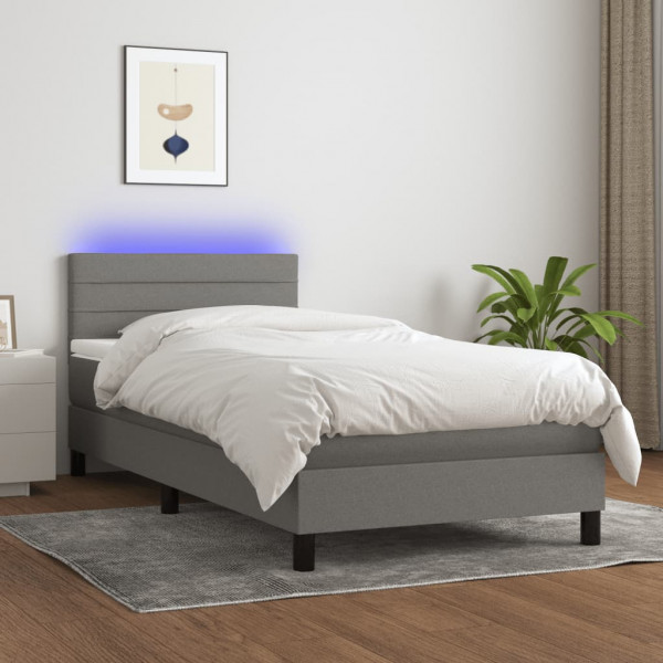 Cama box spring colchão e luzes LED tecido cinza escuro 90x190 cm D