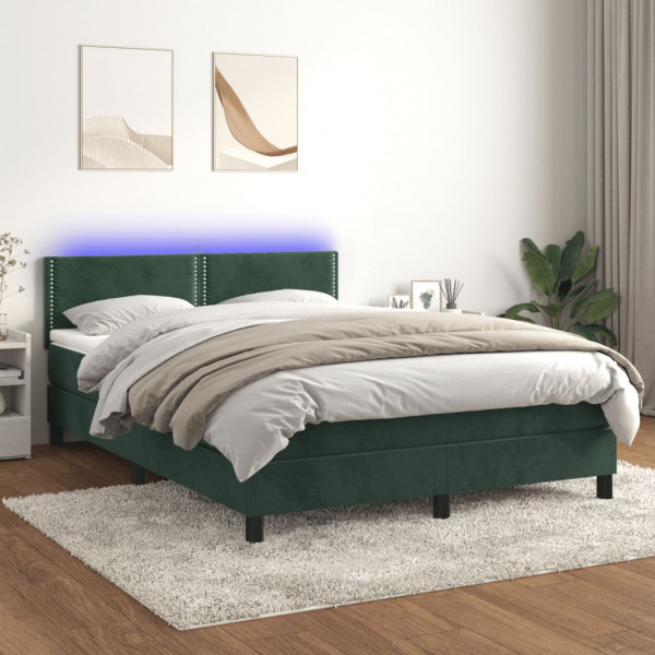 Cama box spring colchón y LED terciopelo verde oscuro 140x200cm D