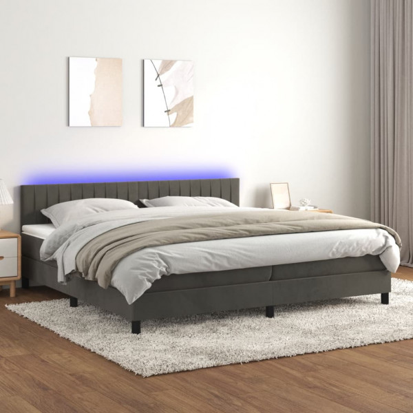 Cama box spring colchón y LED terciopelo gris oscuro 200x200 cm D