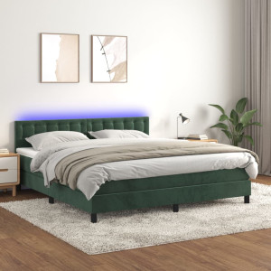 Cama box spring colchón y LED terciopelo verde oscuro 160x200cm D