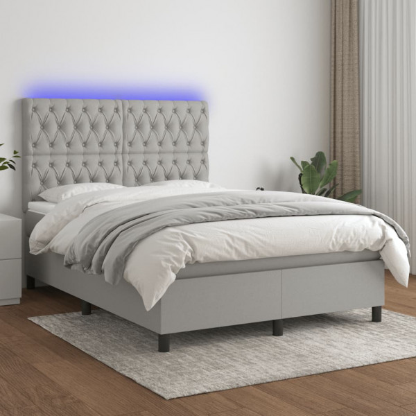 Cama box spring colchão e luzes LED tecido cinza claro 140x190 cm D