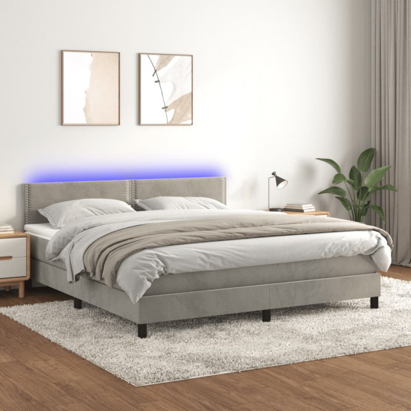 Cama box spring colchón y LED terciopelo gris claro 180x200 cm D