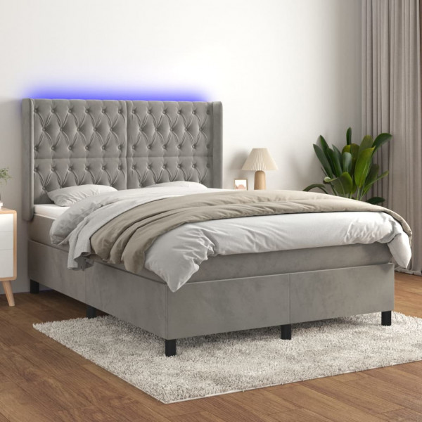 Cama box spring colchón y LED terciopelo gris claro 140x190 cm D