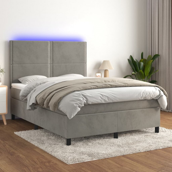 Cama box spring com colchão e veludo LED cinza claro 140x190 cm D