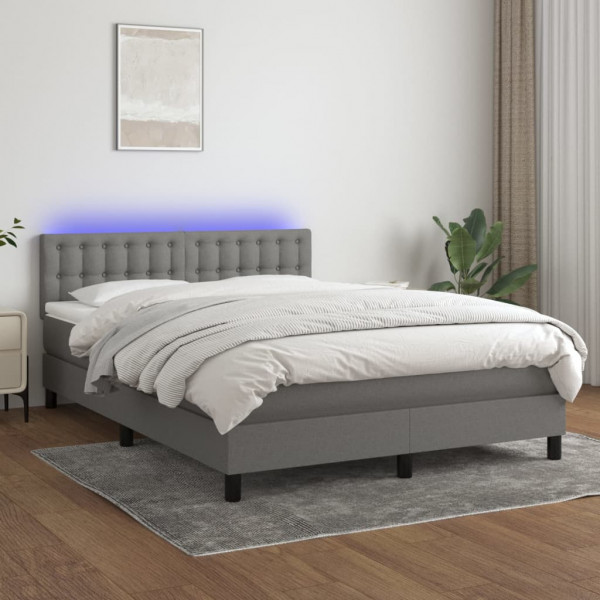 Cama box spring colchón y luces LED tela gris oscuro 140x190 cm D