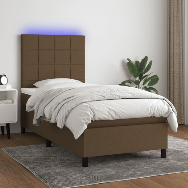 Cama box spring colchón y luces LED tela marrón oscuro 90x190cm D