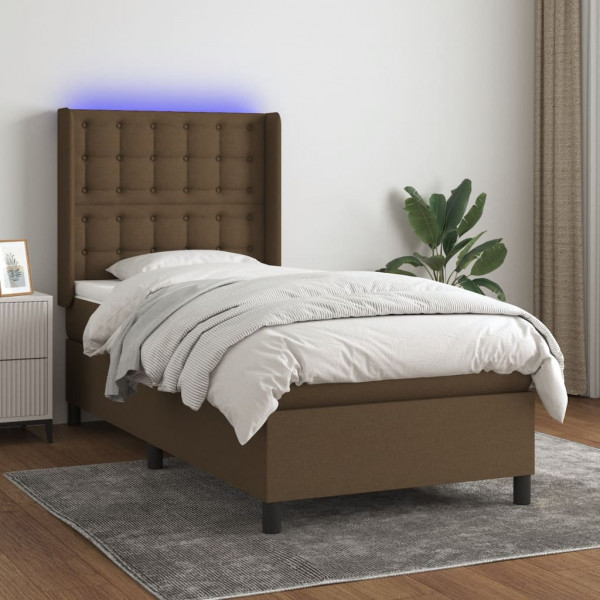 Cama box spring colchão e luzes LED tecido marrom escuro 90x200cm D