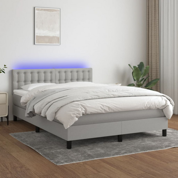 Cama box spring colchón y luces LED tela gris claro 140x190 cm D