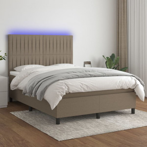 Cama box spring colchón y luces LED tela gris taupe 140x190 cm D