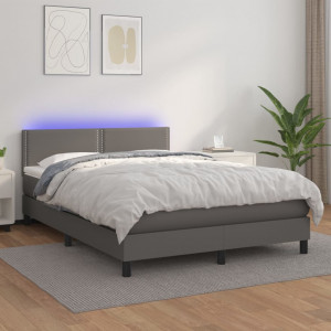 Cama box spring colchón y LED cuero sintético gris 140x190 cm D