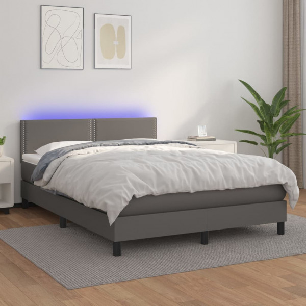 Cama box spring com colchão e couro sintético LED cinza 140x190 cm D
