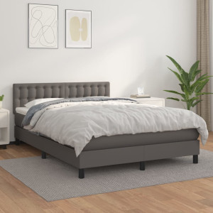 Cama box spring con colchón cuero sintético gris 140x190 cm D
