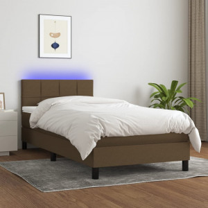 Cama box spring colchón y luces LED tela marrón oscuro 90x190cm D