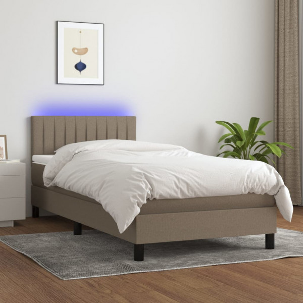 Cama box spring colchão e luzes LED tecido cinza taupe 90x200 cm D