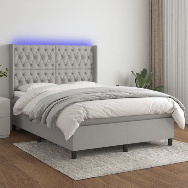 Cama box spring colchão e luzes LED tecido cinza claro 140x190 cm D