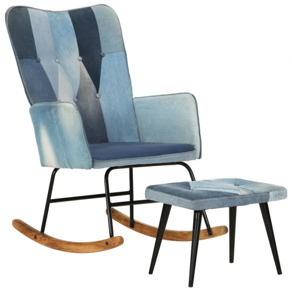 Cadeira de balanço em lona patchwork azul jeans com apoio para pés D