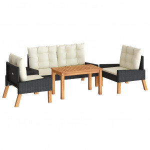 4 pcs conj. lounge jardim c/ almofadões vime PE/madeira maciça H